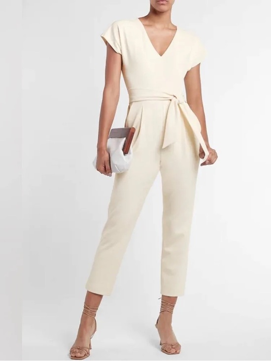 Express Pants - Express V-Neck Tie Waist Straight Leg Jumpsuit with Pockets-White